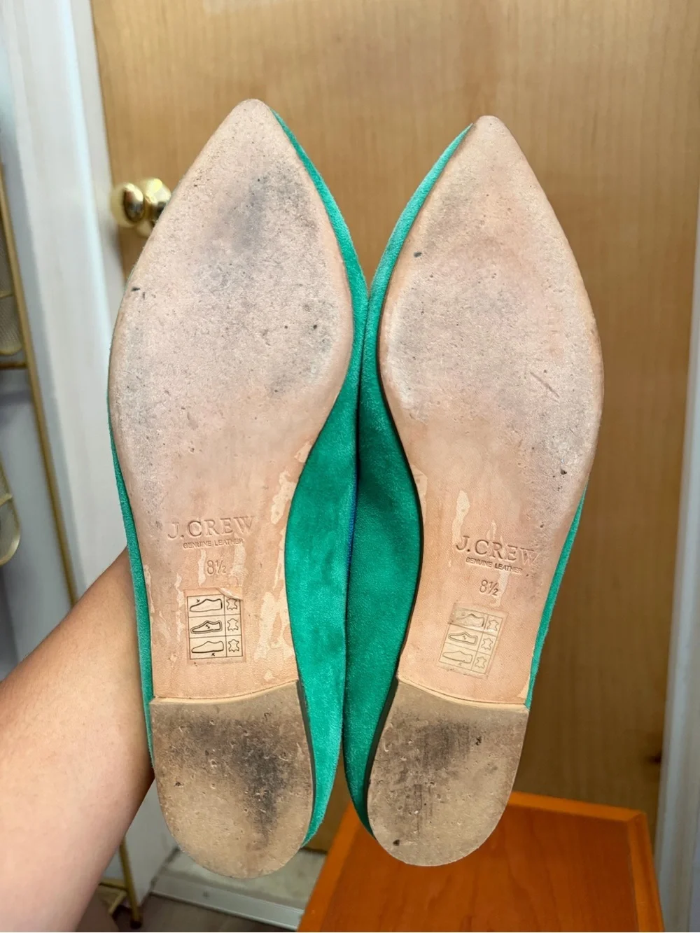 J.Crew Women’s Blue & Green Suede Pointed Toe Pom Pom Ballet Flats. Size: 8.5